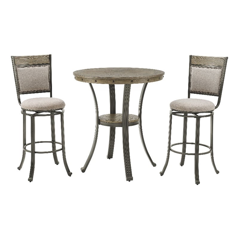 Linon Franklin Gray Wash Wood Upholstered Piece Round Pub Set in