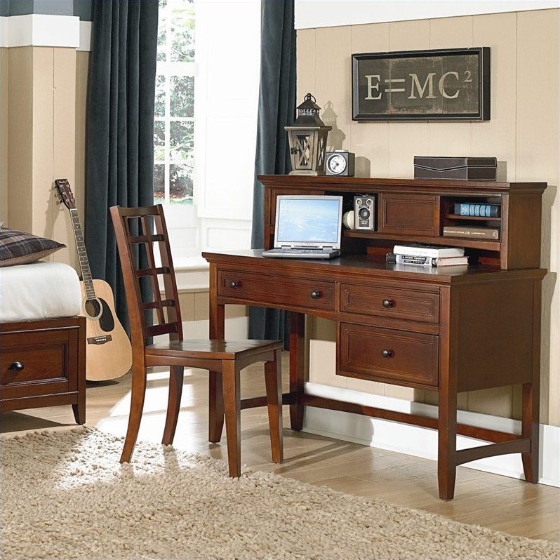 Magnussen Riley Wood 3 Drawer Desk With Hutch in Cherry
