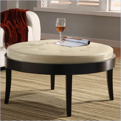 Armen Living Citation Tufted Leather Ottoman in Cream