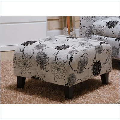 Armen Living Marietta Floral Pattern Ottoman in Black and White