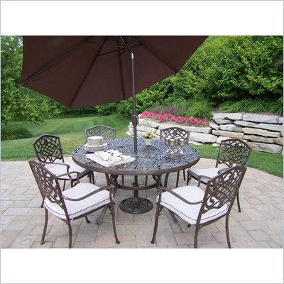 Oakland Living Mississippi 60 Inch 7pc Dining Set with Cushions Umbrella and Stand