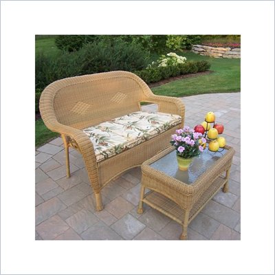 Oakland Living Resin Wicker 2pc Loveseat and Coffee Table Set with Cushions