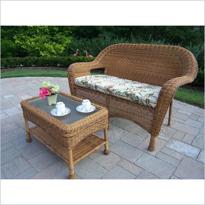 Oakland Living Resin Wicker 2pc Loveseat and Coffee Table Set with Cushions