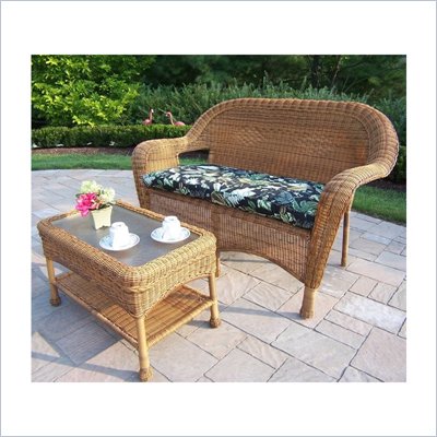 Oakland Living Resin Wicker 2pc Loveseat and Coffee Table Set with Cushions
