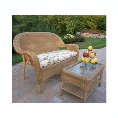 Oakland Living Resin Wicker 2pc Loveseat and Coffee Table Set with Cushions