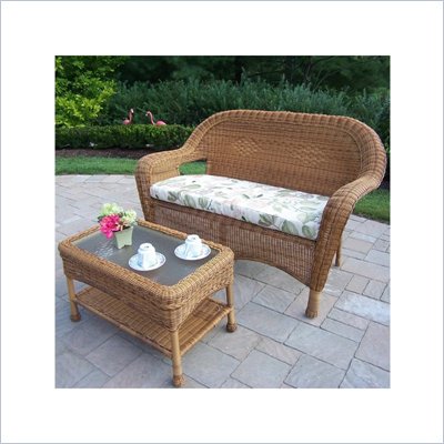 Oakland Living Resin Wicker 2pc Loveseat and Coffee Table Set with Cushions