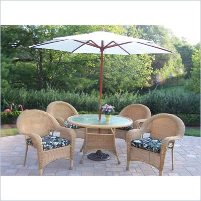 Oakland Living Resin Wicker 5pc Dining Set with Cushions Umbrella and Stand