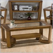 Jofran Ernie Cocktail Table with Glass Top and Casters in Elm