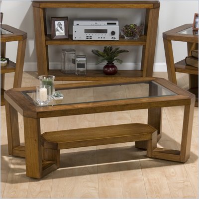 Jofran Ernie Cocktail Table with Glass Top and Casters in Elm