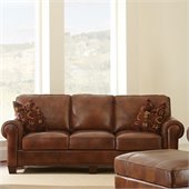Steve Silver Company Silverado Leather Sofa in Caramel Brown with Two Accent Pillows