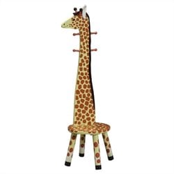 Teamson Kids Safari Hand Painted Giraffe Themed Animal Kids Stool with Standing ?Coat Rack