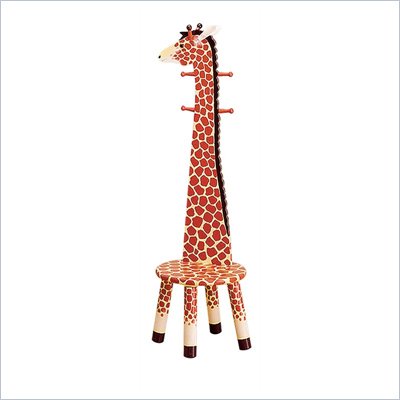 Teamson Kids Safari Hand Painted Giraffe Themed Animal Kids Stool with Standing ?Coat Rack