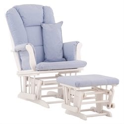 Stork Craft Tuscany Glider and Ottoman with Free Lumbar Pillow in White with Blue cushions