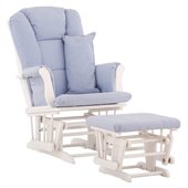 Stork Craft Tuscany Glider and Ottoman with Free Lumbar Pillow in White with Blue cushions