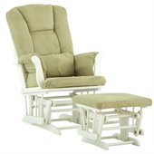 Stork Craft Tuscany Glider and Ottoman with Free Lumbar Pillow in White with Sage cushions