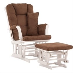 Stork Craft Tuscany Glider and Ottoman with Free Lumbar Pillow in White with Chocolate cushions
