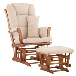 Stork Craft Tuscany Glider and Ottoman with Free Lumbar Pillow in Oak with Beige cushions