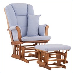 Stork Craft Tuscany Glider and Ottoman with Free Lumbar Pillow in Oak with Blue cushions