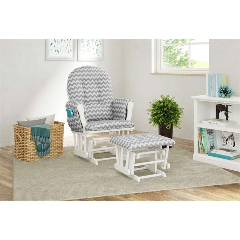 Storkcraft White Frame Hoop Glider with Ottoman in Chevron