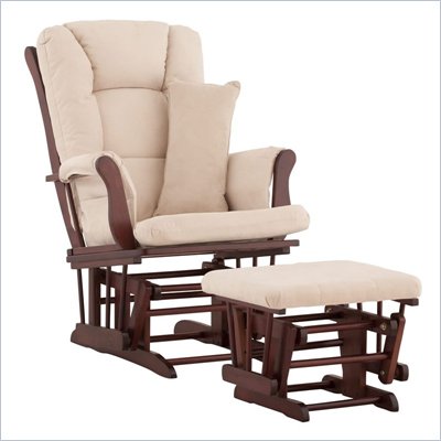 Stork Craft Tuscany Glider and Ottoman with Free Lumbar Pillow in Cherry with Beige cushions