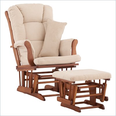 Stork Craft Tuscany Glider and Ottoman with Free Lumbar Pillow in Cognac with Beige cushions