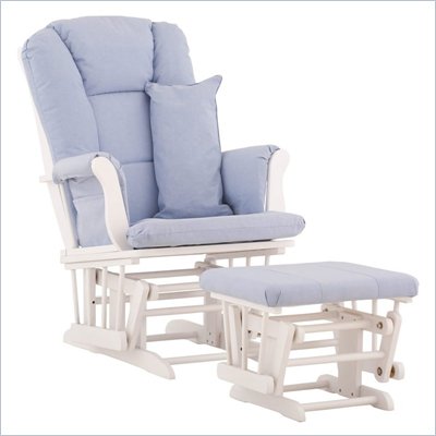 Stork Craft Tuscany Glider and Ottoman with Free Lumbar Pillow in White with Blue cushions