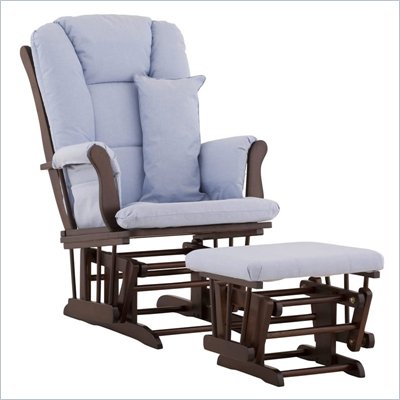 Stork Craft Tuscany Glider and Ottoman with Free Lumbar Pillow in Espresso with Blue cushions