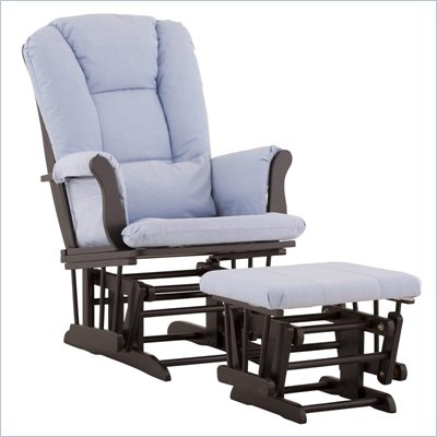 Stork Craft Tuscany Glider and Ottoman with Free Lumbar Pillow in Black with Blue cushions