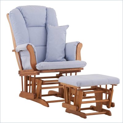 Stork Craft Tuscany Glider and Ottoman with Free Lumbar Pillow in Oak with Blue cushions