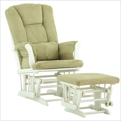 Stork Craft Tuscany Glider and Ottoman with Free Lumbar Pillow in White with Sage cushions