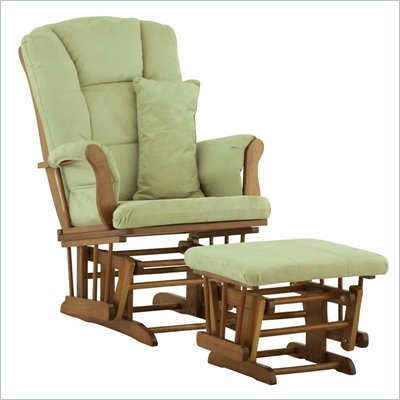 Stork Craft Tuscany Glider and Ottoman with Free Lumbar Pillow in Cognac with Sage cushions