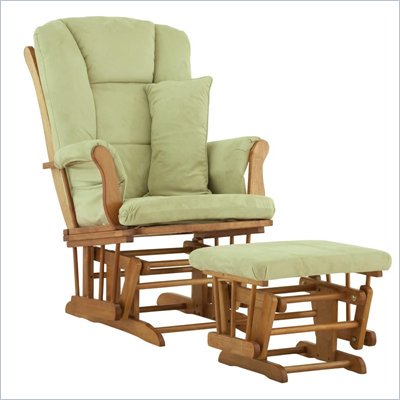 Stork Craft Tuscany Glider and Ottoman with Free Lumbar Pillow in Oak with Sage cushions