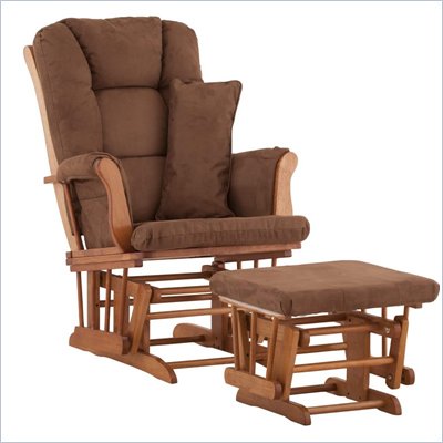Stork Craft Tuscany Glider and Ottoman with Free Lumbar Pillow in Oak with Chocolate cushions