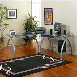 Studio RTA Futura L-Shaped Home Office Computer Desk in Silver and Blue Glass
