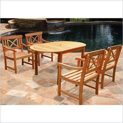 Vifah Outdoor Wood Oval Dining Set with 4 Balthazar Chairs
