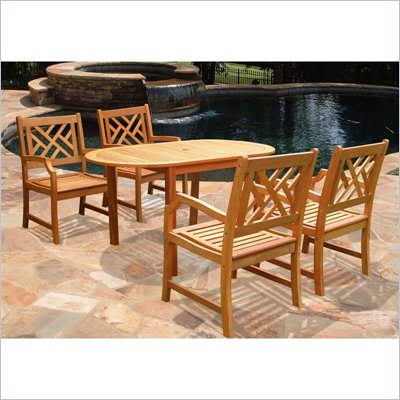 Vifah Outdoor Wood Oval Dining Set with 4 Atlantic Armchairs