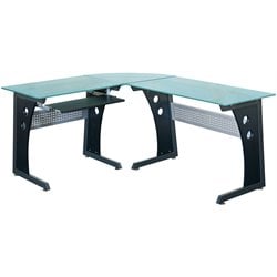 Techni Mobili L-Shape Frosted Glass Metal Base Computer Desk in Graphite