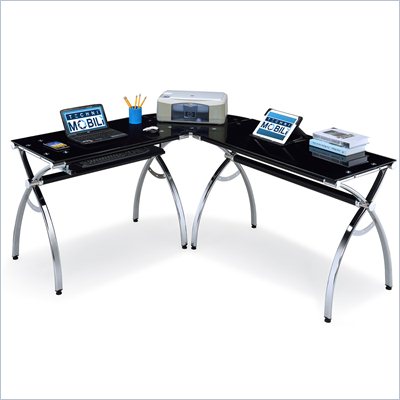 Techni Mobili L-Shaped Glass Desk with Chrome Frame in Black