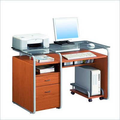 TECHNI MOBILI Kieran Glass Top Wood Computer Desk in Dark Honey