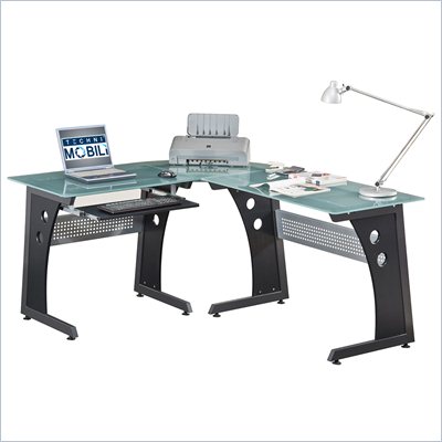 Techni Mobili L-Shape Frosted Glass Metal Base Computer Desk in Graphite