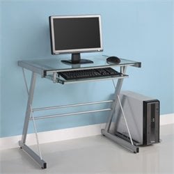 Walker Edison Solo Small Glass Top Computer Desk in Silver