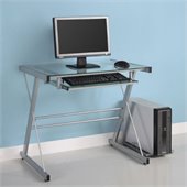 Walker Edison Solo Small Glass Top Computer Desk in Silver