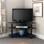 Walker Edison Bermuda 44 Inch Modern Metal and Glass Corner TV Stand in Black