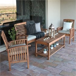 Walker Edison 4 Piece Wood Patio Set in Brown with Cushions