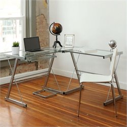 Walker Edison L-Shape Glass Top Computer Desk in Silver