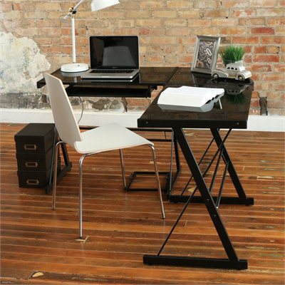 Walker Edison Soreno Corner L-Shape Glass Top Computer Desk in Black