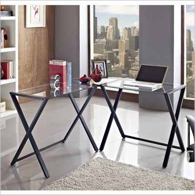 Walker Edison X-Frame Glass and Metal L-Shaped Computer Desk in Black
