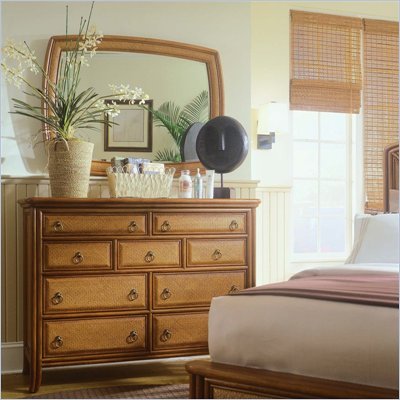 American Drew Antigua Tall 9 Drawer Double Dresser and Mirror Set in Toasted Almond