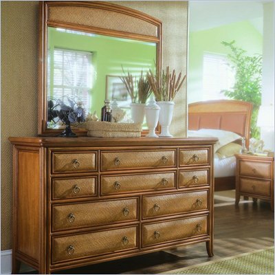 American Drew Antigua Double Dresser and Mirror Set in Toasted Almond