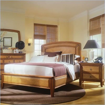 American Drew Antigua Low Profile Wood Panel Bed 3 Piece Bedroom Set in Toasted Almond
